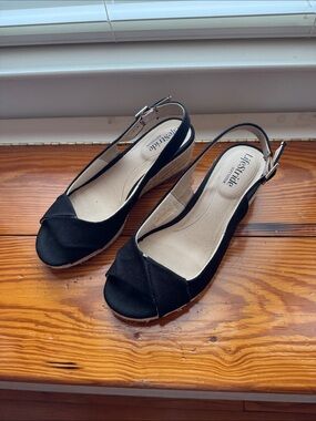 Life Stride Black Slingback Peep-Toe Wedge Sandals